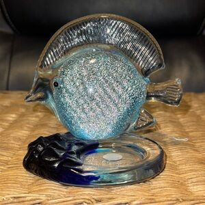 Vintage Handblown Partylite  Blue Fish Figurine / Candle Holder 4.5 inch